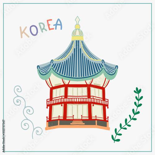 doodle flat vector illustration of arbor pagoda in Gyeongbokgung Palace in Seoul