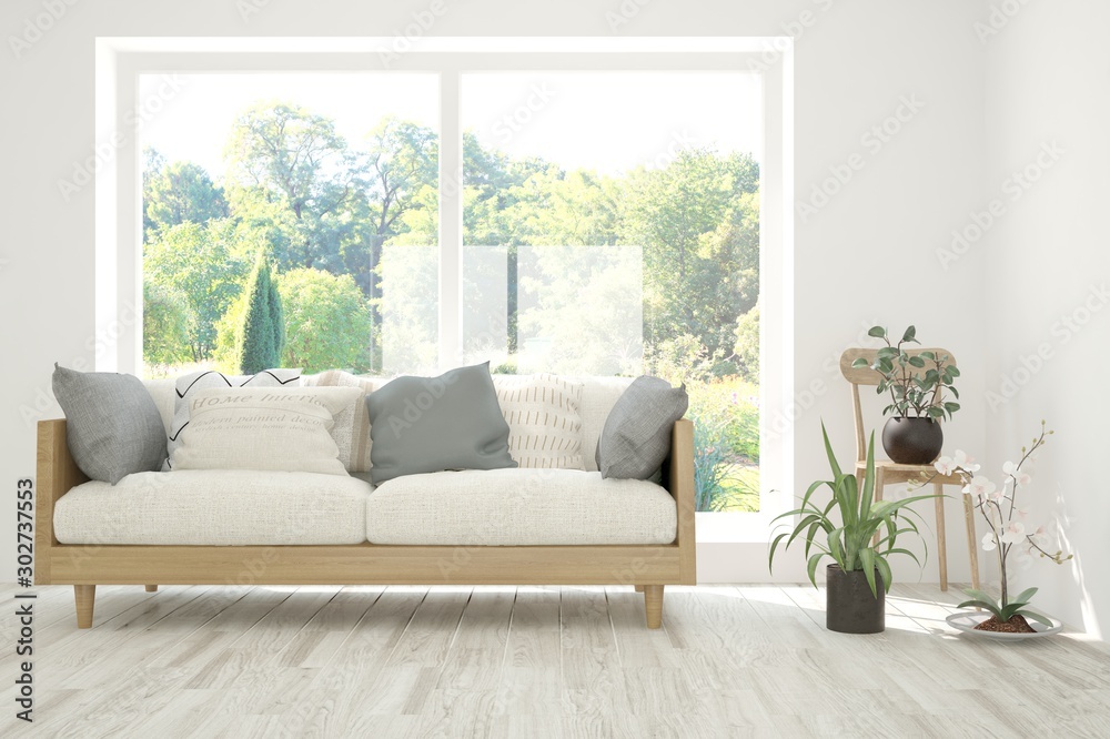 Stylish room in white color with sofa and summer landscape in window. Scandinavian interior design. 3D illustration Stylish room in white color with sofa and summer landscape in window. Scandinavian interior design. 3D illustration