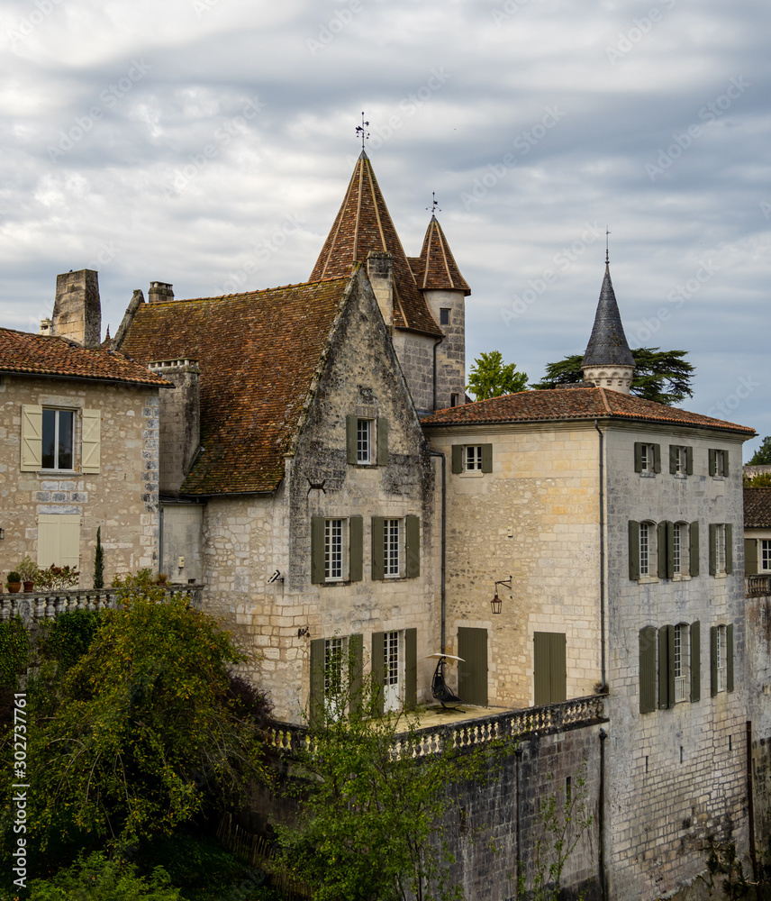 Medieval buildings in French village of Brantome
