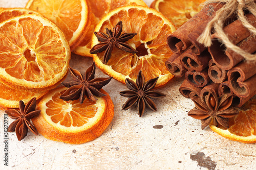Dried oranges with anise and cinnamon sticks