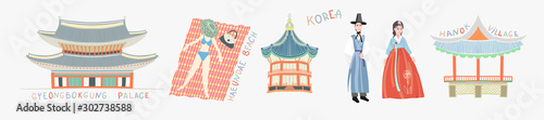doodle flat vector illustration sights of south korea