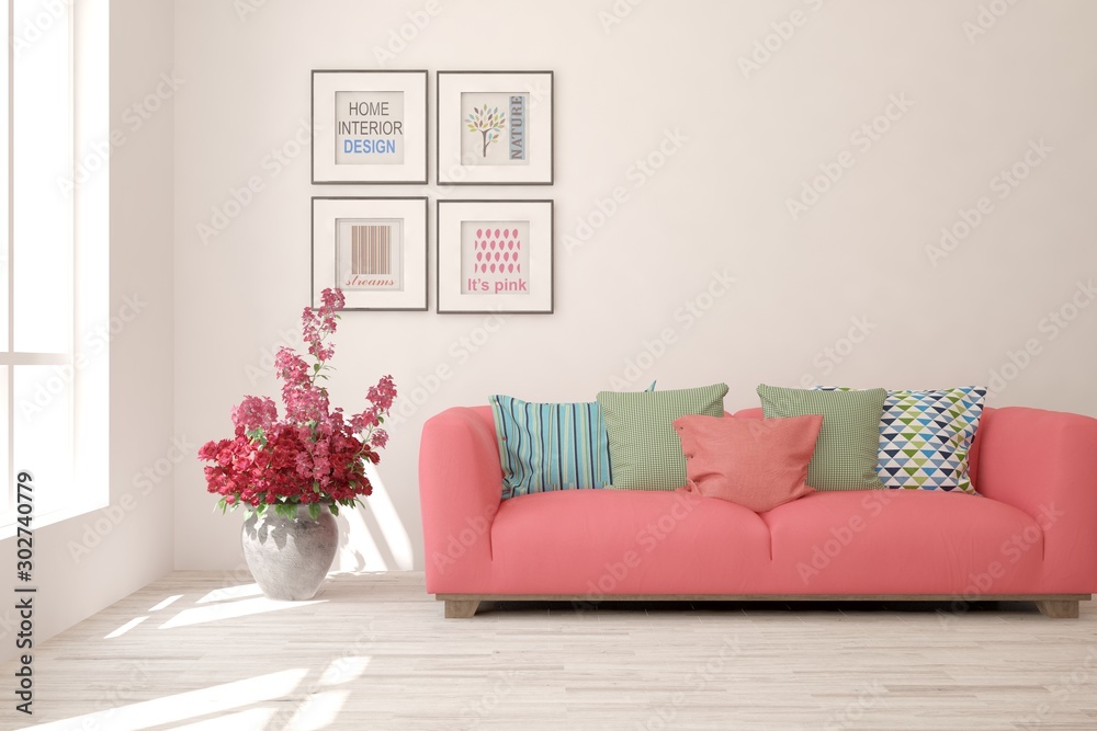 Fototapeta premium Stylish room in white color with coral sofa. Scandinavian interior design. 3D illustration