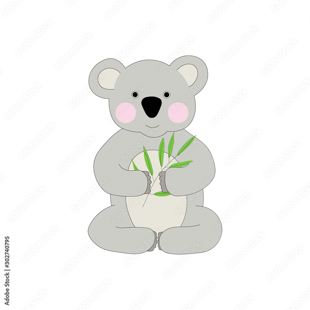 Fototapeta premium Cute cartoon koala with a sprig of eucalyptus in his paws.