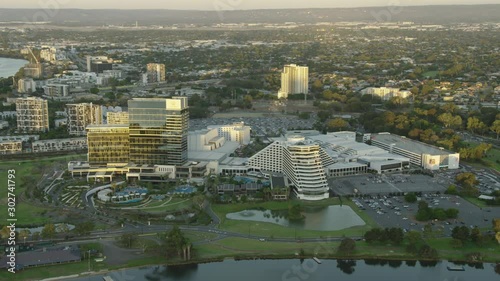 Aerial waterfront view Crown Casino at sunrise Perth photo