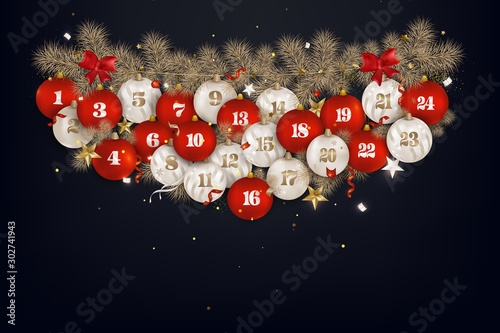 Christmas advent calendar.New Year 2020 greeting card.Red, pearl white christmas balls with number of the day of december, fir branches, 3d stars,confetti, serpentine on the black background. Vector.