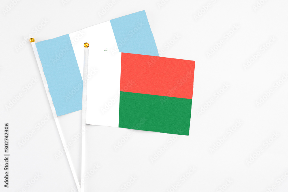 Madagascar and Guatemala stick flags on white background. High quality fabric, miniature national flag. Peaceful global concept.White floor for copy space. Madagascar and Guatemala stick flags on white background. High quality fabric, miniature national flag. Peaceful global concept.White floor for copy space.