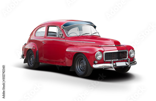 Red classic Swedish car side view isolated on white