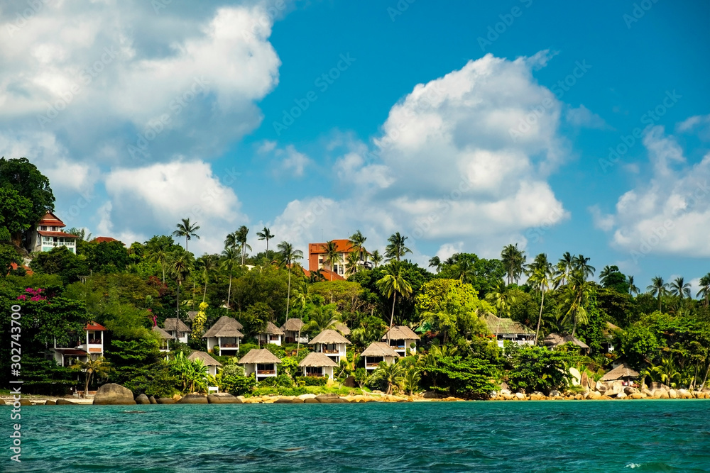 Bungalows on the beautiful tropical beach in Thailand, Koh Samui