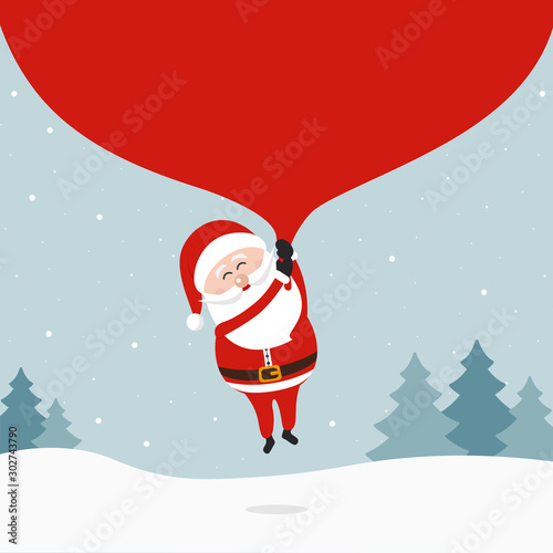 Santa claus holding huge bag and flying to delivery christmas gifts at winter snowy landscape.