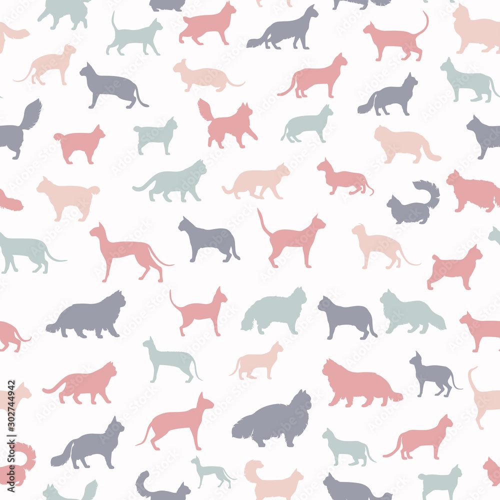 Cat breeds icon set flat style seamless pattern. Cartoon silhouettes cats characters collection Cat breeds icon set flat style seamless pattern. Cartoon silhouettes cats characters collection