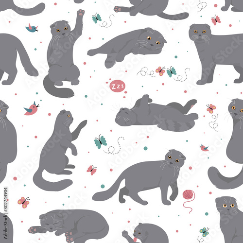 Cartoon cat characters seamless pattern. Scottish fold`s poses and emotions set. Flat color simple style design