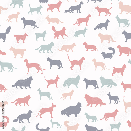 Fototapeta Naklejka Na Ścianę i Meble -  Cat breeds icon set flat style seamless pattern. Cartoon silhouettes cats characters collection