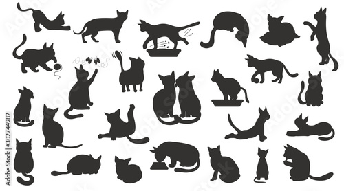 Cartoon silhouettes cat character collection. Different cat`s poses, yoga and emotions set. Black style design