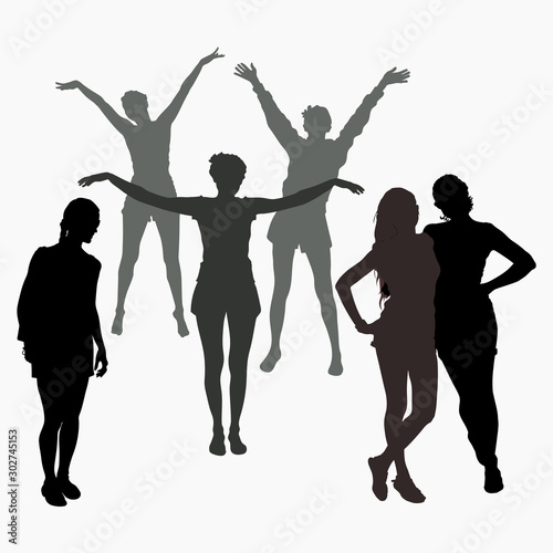 Vector silhouettes of six young girls. Three girls in shorts with arms raised up and extended to the side. A couple of women are standing embracing. Silhouette of a girl with a bag over his shoulder.