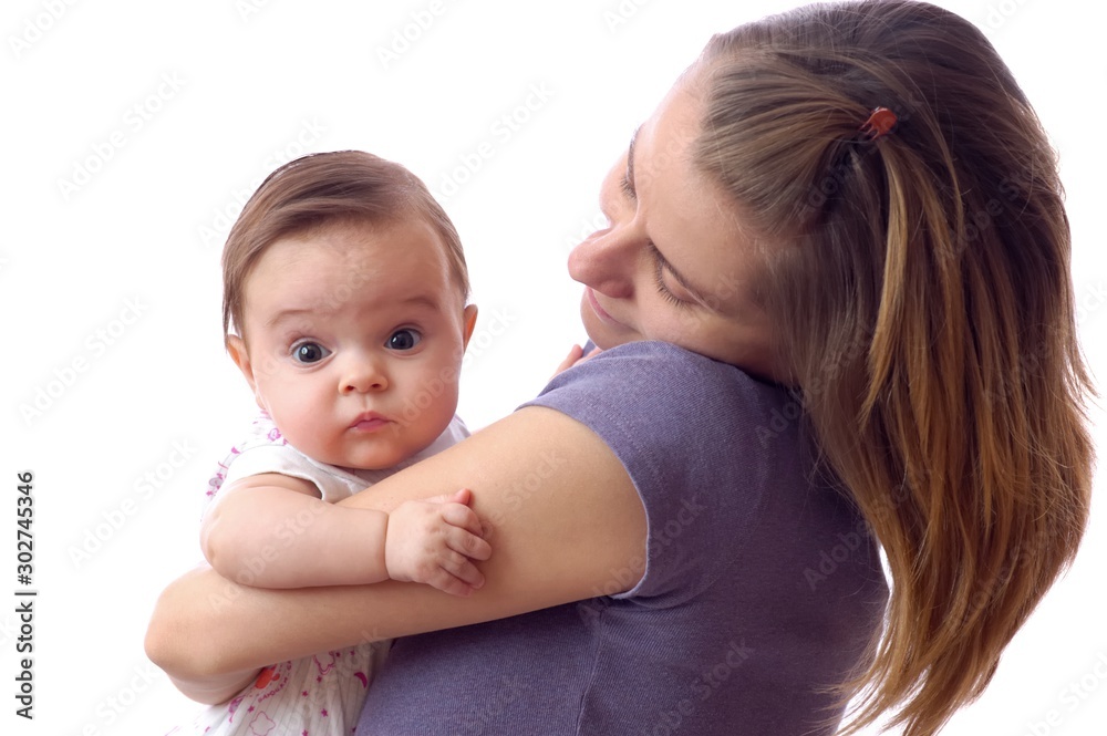 Loving smile cheerful mother holding little newborn on hands on isolated background. Togetherness family. Joy childhood and motherhood Loving smile cheerful mother holding little newborn on hands on isolated background. Togetherness family. Joy childhood and motherhood