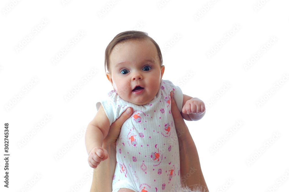 Smiling newborn baby on hands. Isolated white background. Affectionate beautiful toddler. Happiness of childhood Smiling newborn baby on hands. Isolated white background. Affectionate beautiful toddler. Happiness of childhood
