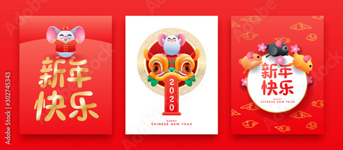 Chinese new year rat 2020 cute 3d cartoon card set
