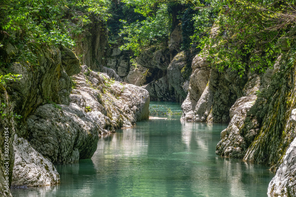 Naklejka premium Mountain river in the stone gorge.
