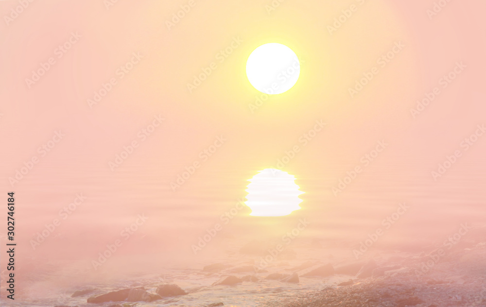seascape sunset the sun sets the sea wave the sea foam. stones coast