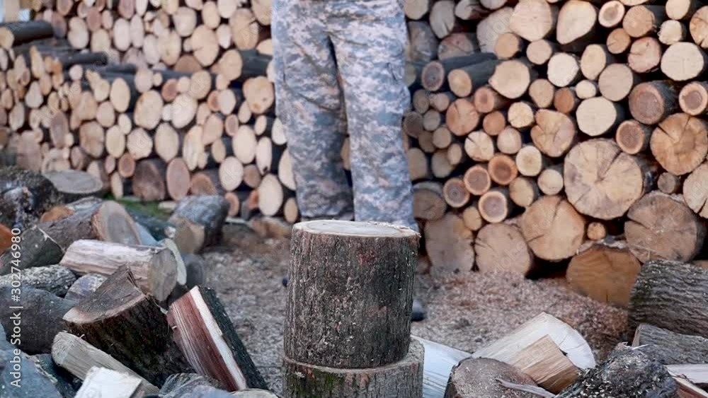 Lumberjack chopping firewood using axe, logs splitting. splitting wood and cutting firewood. slow motion Lumberjack chopping firewood using axe, logs splitting. splitting wood and cutting firewood. slow motion