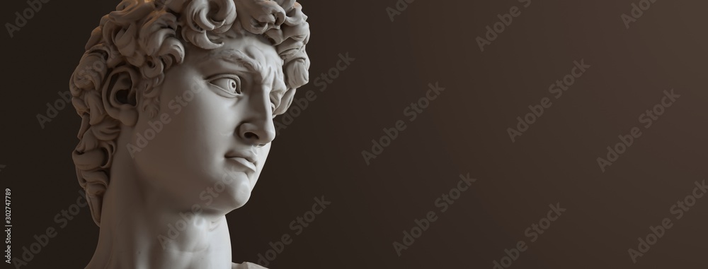 Fototapeta Rzeźba Dawida autorstwa Michała Anioła. Zamyka up z ciemnym tłem. (lewa wersja)