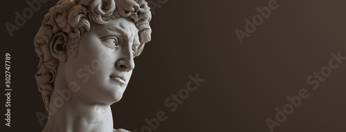 David sculpture by Michelangelo. Close up with dark background. (left version)