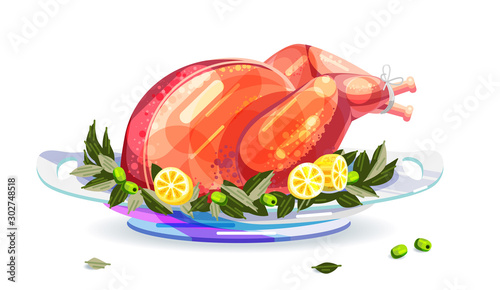 Baked turkey for Thanksgiving Day. Turkey with lemons, leaves and olives on a plate. Isolated illustration on white background.