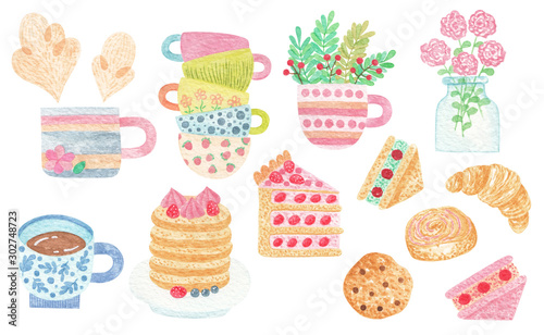 Watercolor cute set of Tea and Sweets elements - kettle, cookie, tea, cake, teapots, pancakes and other tasty food and drinks. Tea Time and Breakfast Time collection.