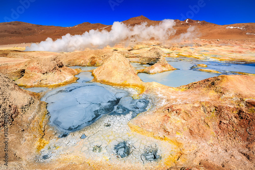 Steam coming out of the "Sol de la manana" geyser in Bolivia