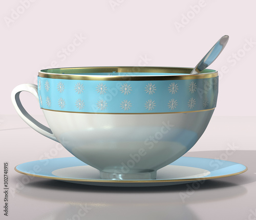 3d illustration of christmas tea porcellain cup with snowflakes design and spoon photo