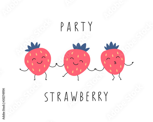 Cartoon funny strawberries are dancing. Vector isolated illustration on a white background.
