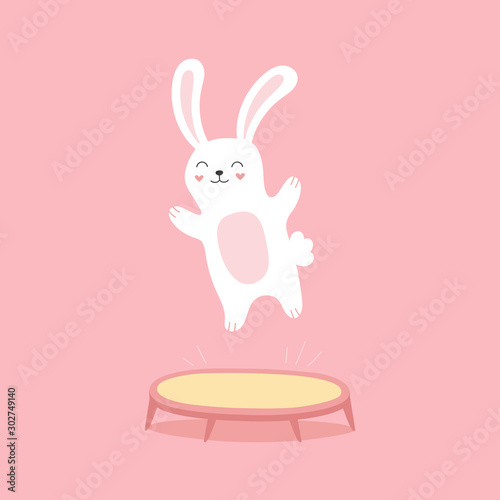 Funny bunny jumping on a trampoline. Cartoon happy character. Vector illustration for children.