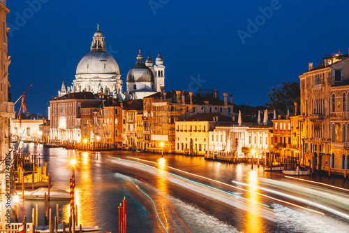 Grand Canal at night, Basilica Santa Maria della Salute, Venice, Italy.
