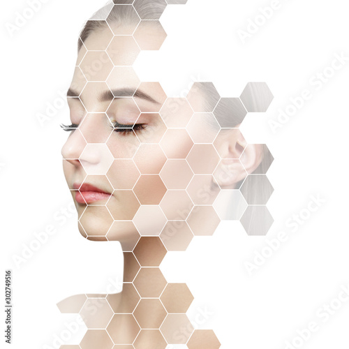Young sensual woman with mosaic honeycombs on face.