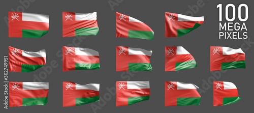 14 different realistic renders of Oman flag isolated on grey background - 3D illustration of object