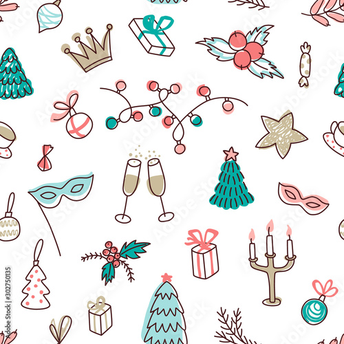 Hand drawn Christmas and New Year 2020 seamless pattern. Cute texture with holydays elements: tree, candles, mask, glasses, candy, garland, cups, gifts. Doodle vector illustration