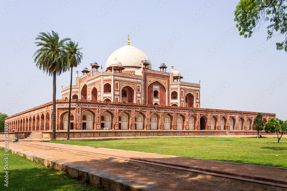 Beautiful Panorama of Humayun's Tomb Complex with square, park and vegetation. UNESCO World Heritage in Delhi, India. Asia.