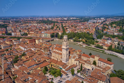 The historic city center of Verona, Italy. Adige River. Aerial view