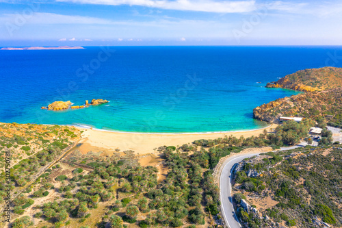 Fototapeta Naklejka Na Ścianę i Meble -  Scenic landscape of palm trees, turquoise water and tropical beach, Vai, Crete, Greece.