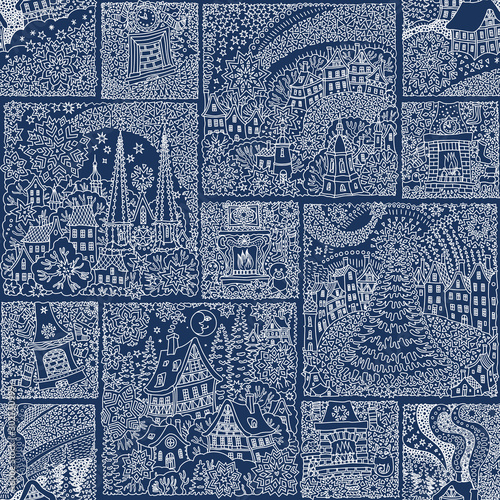 Seamless patchwork pattern from fantasy urban winter landscapes. Fairy tale fir tree, old medieval town, houses.Hand drawn New Year and Christmas wrapping paper, textile print, batik.Blue and white