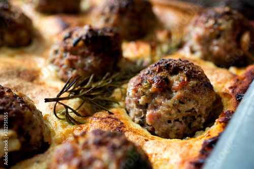 Close up of freshly baked†toad in the hole photo