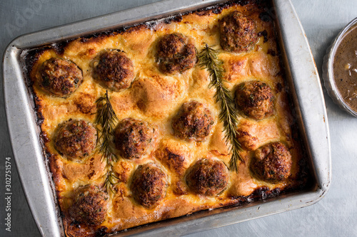 Overhead view of freshly baked†toad in the hole photo