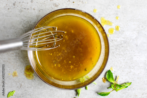 Overhead view of freshly prepared vinaigrette dressing photo