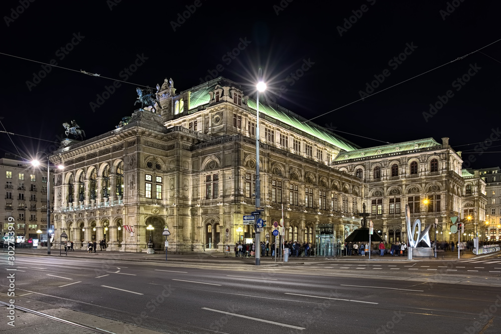 Night view of the Vienna State Opera, Austria