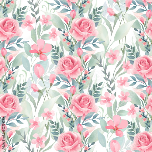 Seamless floral pattern with pink roses on light background, watercolor illustration © Gribanessa