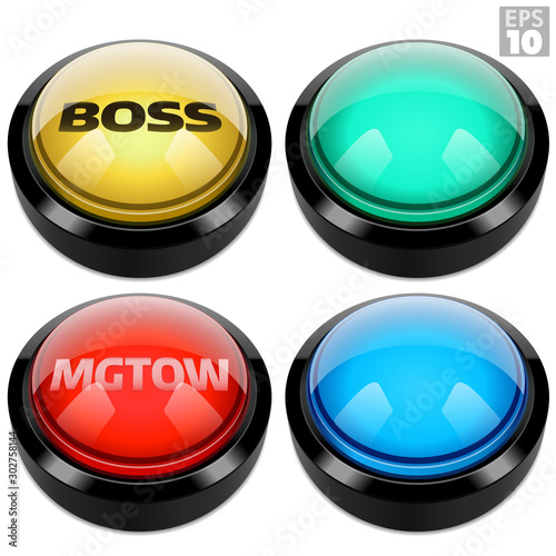 Big round arcade buttons with shiny acrylic dome in yellow, green, blue and red, also includes text Boss and MGTOW.