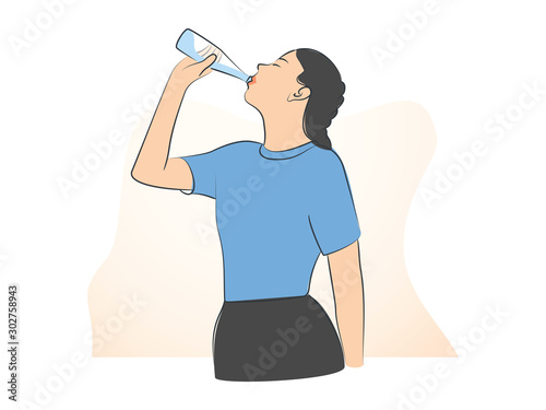Healthy lifestyle, healthcare, diet concept. Young woman drinking thirst quenching. Thirsty girl holding bottle.