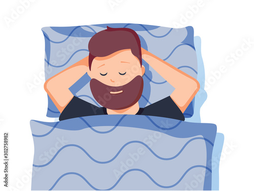 Sleep. A man is sleeping in bed. Good night. Vector illustration in cartoon style. Man is sleeping sweet dream.