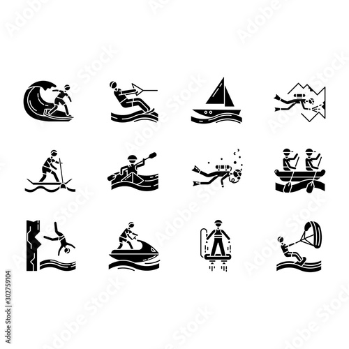 Watersports glyph icons set. Silhouette symbols.Cave diving, kiteboarding, flyboarding and jet skiing. Cliff jumping and paddle surfing. Extreme kinds of sport. Vector isolated illustration