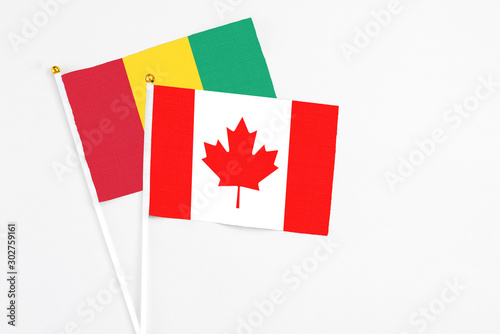 Canada and Guinea stick flags on white background. High quality fabric, miniature national flag. Peaceful global concept.White floor for copy space.